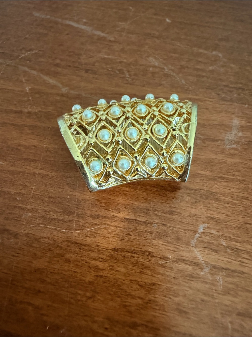 Vintage Gold Tone Faux Pearl Lattice Scarf Ring Slide Statement Accessory